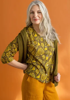 Gudrun Sjödén Vävd blus ”Hedda” i ekologisk bomull Mörkoliv/mönstrad Outlet